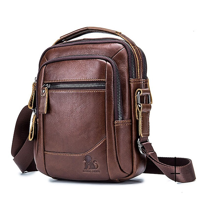  Men's Bags Cowhide Shoulder Messenger Bag Crossbody Bag Zipper Solid Color Daily Office & Career Messenger Bag Black Brown