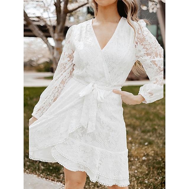  Women's Cover Up Beach Dress Beach Wear Lace up Patchwork Mini Dress Color Block Fashion Casual Long Sleeve V Neck Outdoor Daily Regular Fit White Red 2023 Spring Summer S M L XL