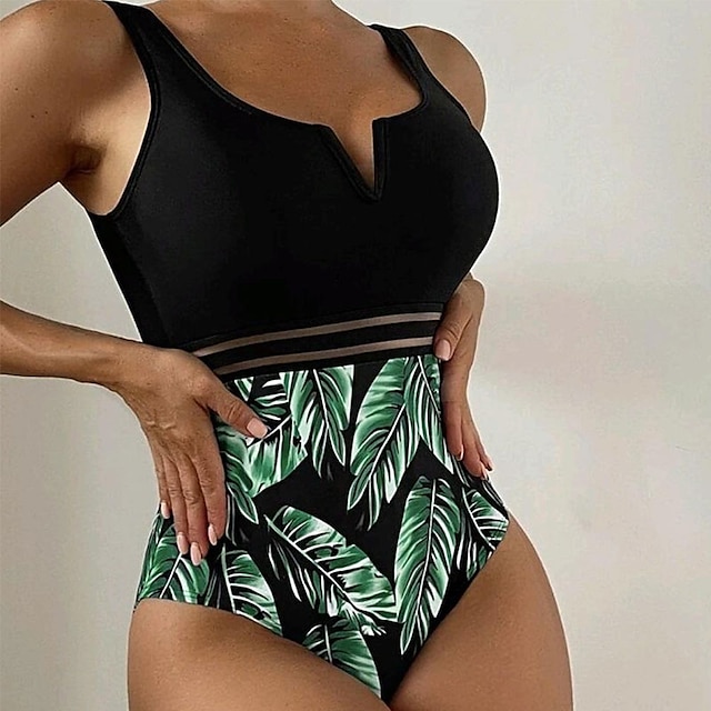  Women's Swimwear One Piece Normal Swimsuit Leaf Printing Black Bodysuit Bathing Suits Beach Wear Summer Sports