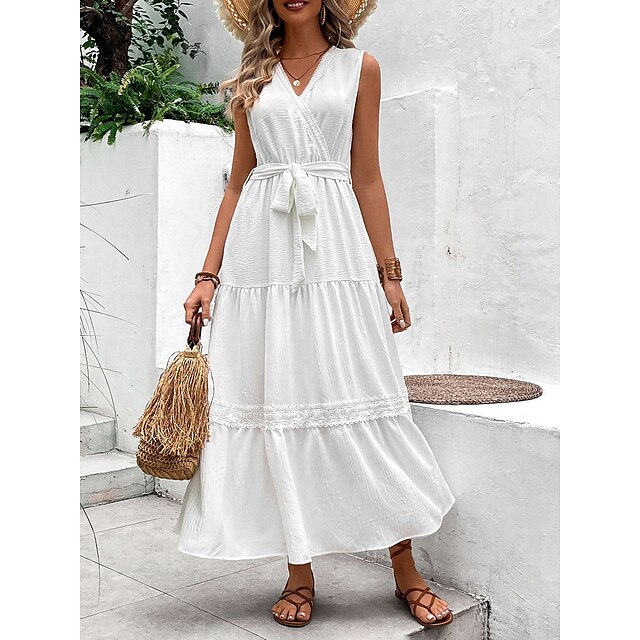  Per donna Abito casual Vestito svasato Vestito bianco Abito lungo Abito lungo Di tendenza Informale Colore puro Pizzo Esterno Per uscire Spiaggia A V Senza maniche Vestito Morbido Bianco Estate