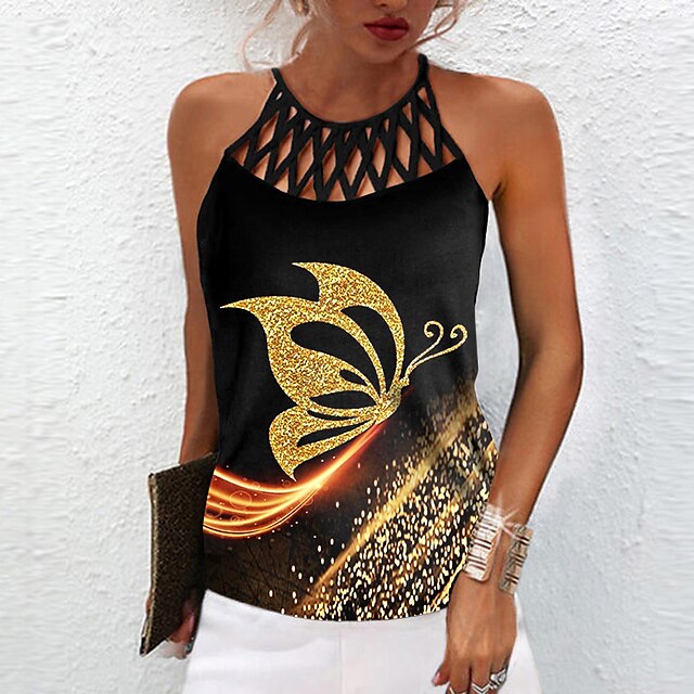  Women's Tank Top Silver Gold Cut Out Print Butterfly Casual Weekend Sleeveless Round Neck Basic Regular Butterfly S