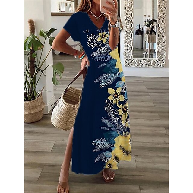  Women's Floral Print Maxi Dress in Navy Blue