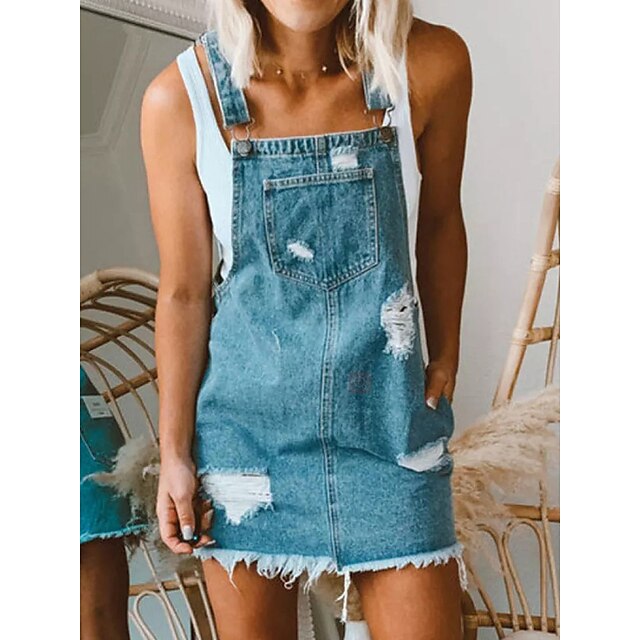  Women's Casual Dress Denim Overall Pinafore Dress Denim Mini Dress Outdoor Daily Vacation Casual Modern Pocket Ripped Spaghetti Strap Summer Spring Fall Sleeveless Loose Fit 2023 Blue Plain S M L XL