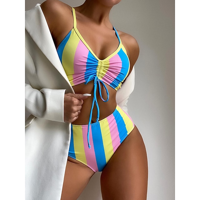  Damen Badeanzug Bikinis Normal Bademode Gestreift 2 Teile Print Regenbogen Badeanzüge Strandbekleidung Sommer Sport