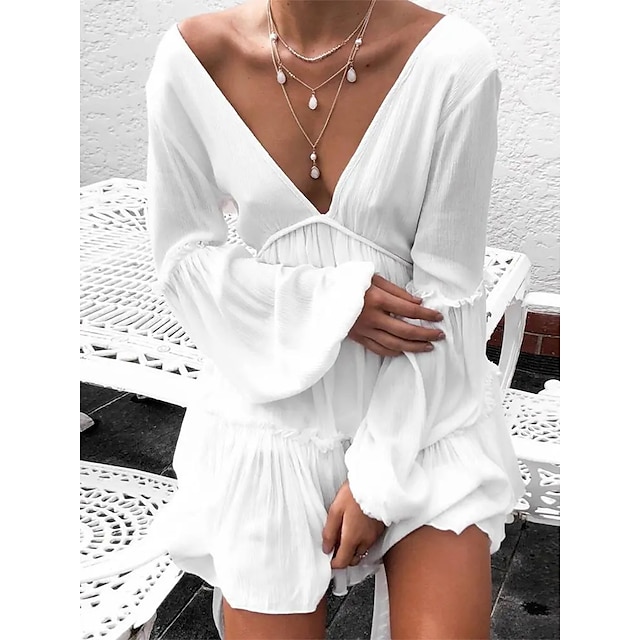  Women's White Dress Casual Dress Cotton Linen Dress Mini Dress Ruched Patchwork Casual Daily V Neck Long Sleeve Summer Spring Fall White Plain