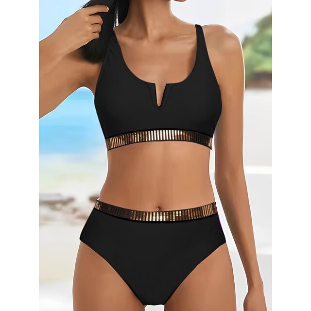  Damen Badeanzug Normal Bikinis Bademode Glatt 2 Teile Schwarz Rosa Grün Badeanzüge Strandbekleidung Sommer Sport