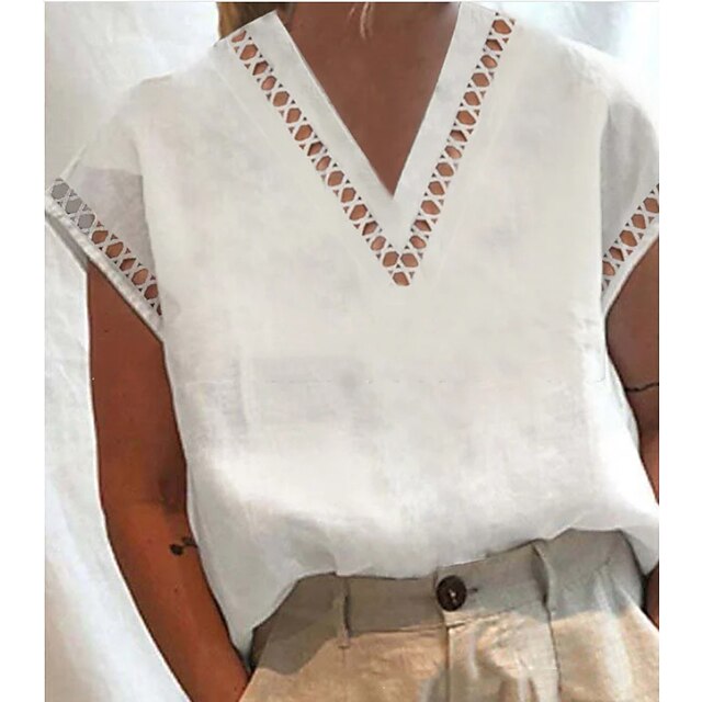  Mulheres Camisa Social Blusa Branco Com Corte Tecido Casual Manga Curta Decote V Básico Padrão S