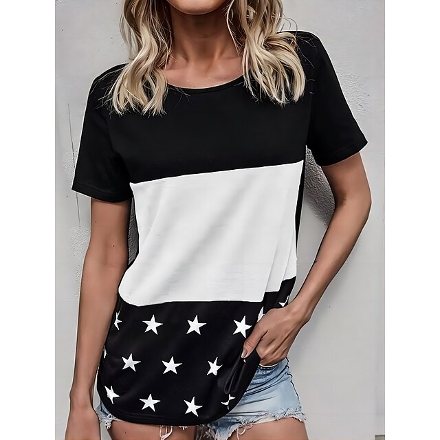  Women's Black Print Color Block Star Casual Holiday Short Sleeve Round Neck Basic Regular Painting S