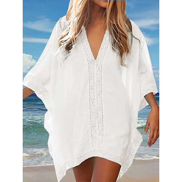  Women's Cover Up Beach Dress Beach Wear Patchwork Mini Dress Plain Casual Modern Half Sleeve V Neck Outdoor Daily Loose Fit White 2023 Spring Summer One Size