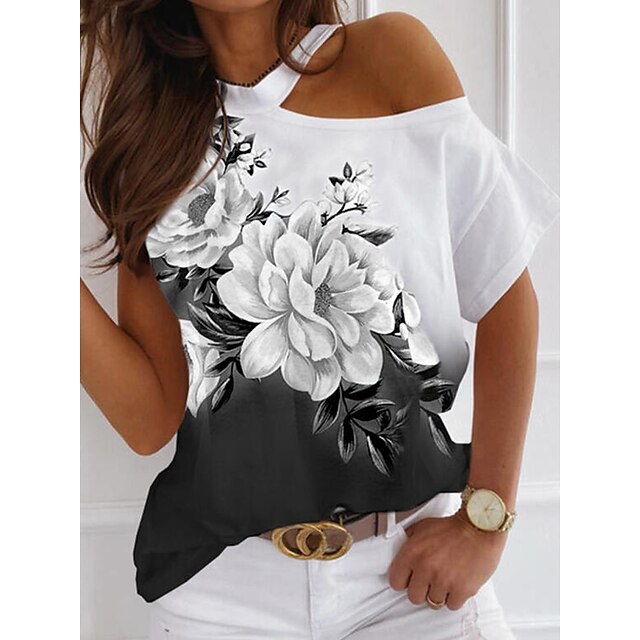  T shirt Tee Femme Blanche Découpé Imprimer Floral Casual Vacances Manche Courte Col Rond basique Normal Standard Fleur S