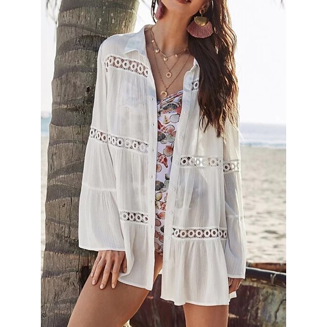  Women's Cover Up Beach Dress Beach Wear Hollow Out Mini Dress Plain Basic Casual Long Sleeve Turndown Outdoor Daily Loose Fit White 2023 Spring Summer One Size