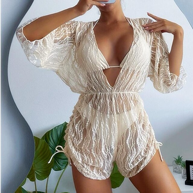  Women's Swimwear Three Piece Normal Swimsuit Solid Color 3-Piece caramel colour Black White Apricot Beige Bathing Suits Summer Sports