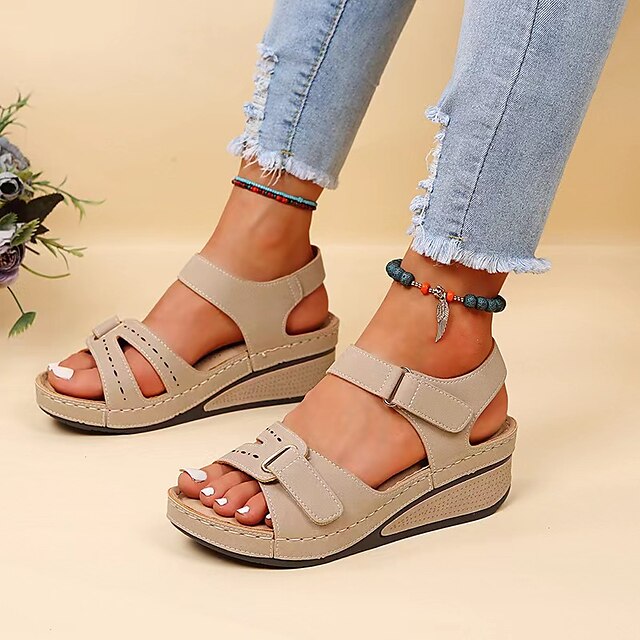  Women's Classic PU Leather Wedge Sandals for Outdoor Daily Walks