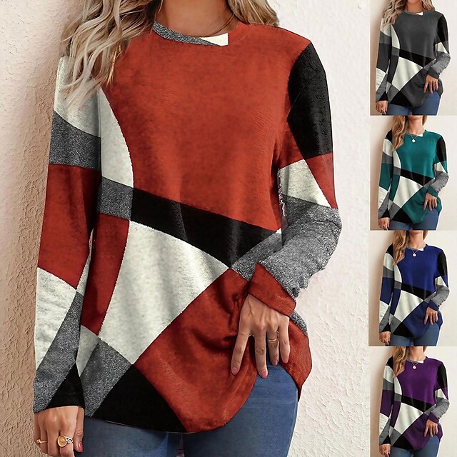  Per donna maglietta Geometrico Ufficio Color Block Rosso Essenziale Rotonda Autunno Inverno
