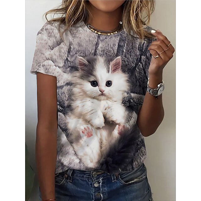  Dame T skjorte Katt 3D Daglig Helg Grå Trykt mønster Kortermet Grunnleggende Rund hals Normal