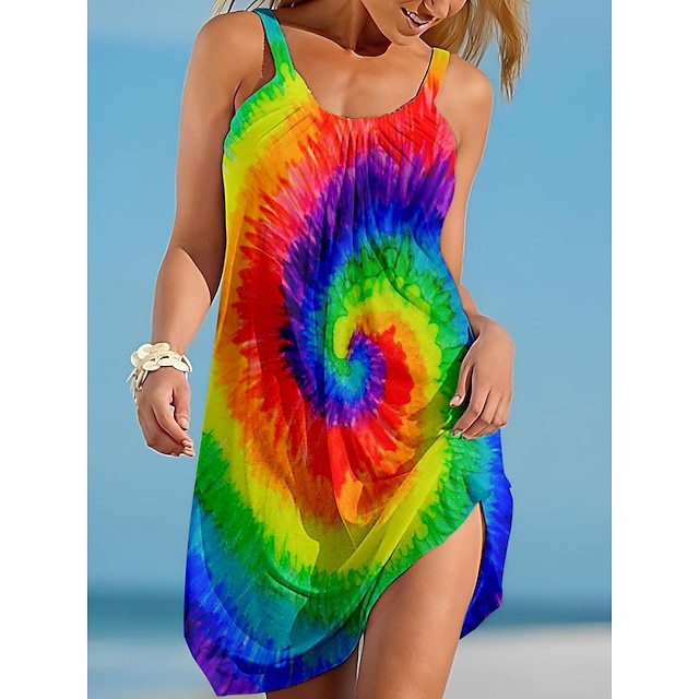  Women's Beach Dress Resort Wear Beach Wear Print Mini Dress Rainbow Tropical Fashion Sleeveless Spaghetti Strap Outdoor Daily Loose Fit Rainbow Yellow 2023 Summer Spring S M L XL