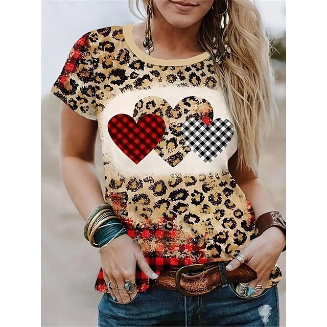  Dame T skjorte Gul Trykt mønster Leopard Hjerte Daglig Helg Kortermet Rund hals Grunnleggende Normal Maling S