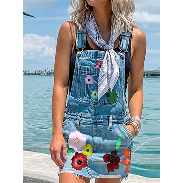  Women's Casual Dress Denim Overall Pinafore Dress Denim Mini Dress Outdoor Daily Vacation Casual Modern Button Pocket Spaghetti Strap Summer Spring Fall Sleeveless Loose Fit 2023 Blue Floral S M L XL