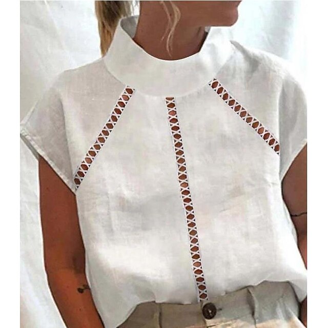  Per donna Camicia Blusa Bianco Tagliato Liscio Informale Manica corta Colletto Mao Essenziale Standard S