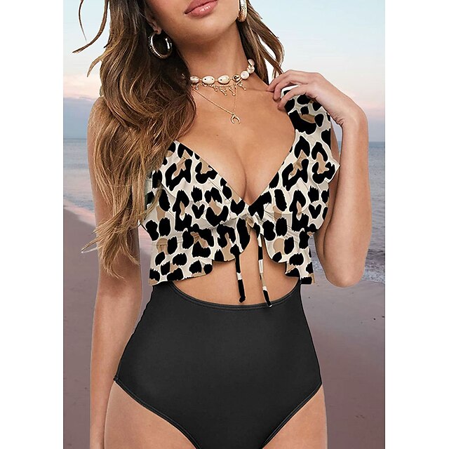  Mulheres Roupa de Banho Biquíni Normal roupa de banho Leopardo Poá Frufru 2 Peças Estampado Preto Branco Vermelho Marron Verde Fatos de banho Roupa de Praia Verão Esportivo