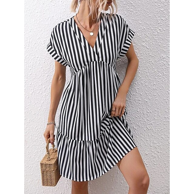  Women's Casual Dress Stripe A Line Dress Summer Dress Crew Neck Print Midi Dress Outdoor Daily Active Fashion Loose Fit Short Sleeve Black And White Wine Red Summer Spring S M L XL