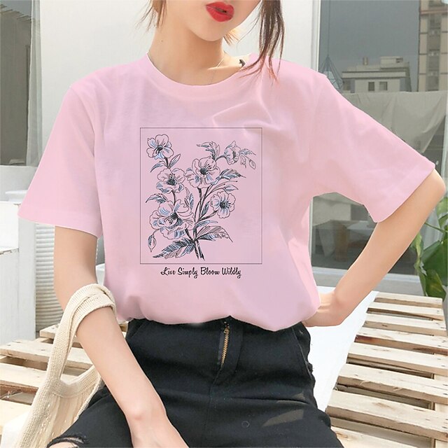  Women's T shirt Tee Pearl White Yellow Print Rose Holiday Weekend Short Sleeve Round Neck Basic Regular Floral Painting S