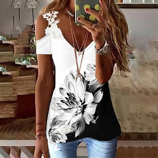  Dame Fjer Afslappet Ferie Weekend Blomster Tema Maleri Kortærmet T-shirt V-hals Blonder Kolde skulder Trykt mønster Basale Toppe Hvid Sort Blå S / 3D-udskrivning
