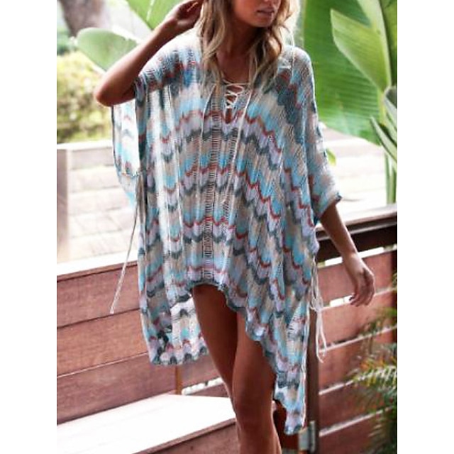  Women's Boho Dress Cover Up Beach Wear Hollow Out Print Mini Dress Stripe Fashion Casual 3/4 Length Sleeve V Neck Outdoor Daily Loose Fit Orange red Blue 2023 Summer Spring One Size