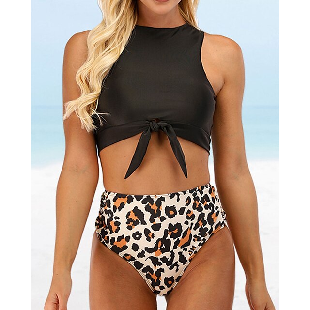  Damen Badeanzug Bikinis Normal Bademode Leopard 2 Teile Print Schwarz Weiß Badeanzüge Strandbekleidung Sommer Sport