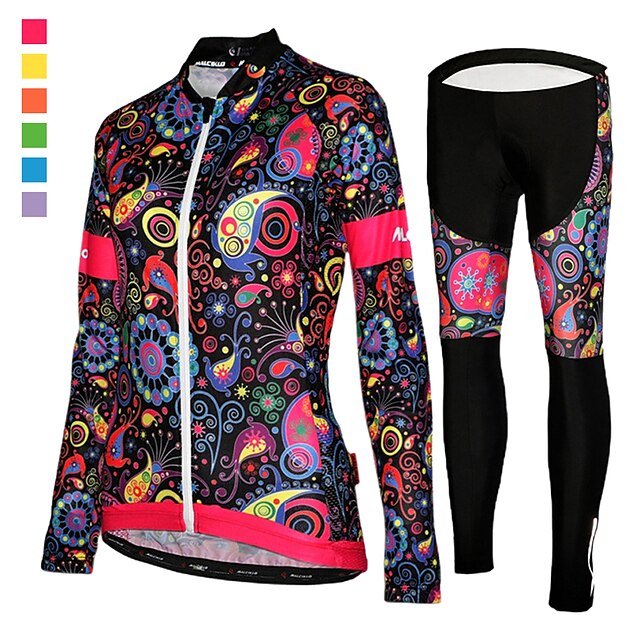  Women's Long Sleeve Cycling Jersey with Tights Winter Mesh Lycra Polyester Purple Yellow Black Floral Botanical Bike Jersey Tights UV Resistant 3D Pad Quick Dry Breathable Reflective Strips Sports