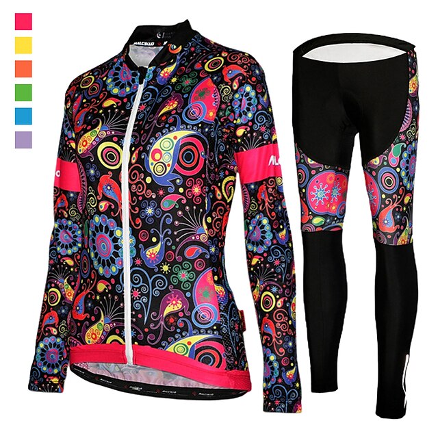  Dame Langermet Sykkeljersey med tights Vinter Netting Lycra Polyester Lilla Gul Svart Blomster botanikk Sykkel Jersey Strømpebukse UV-bestandig 3D Pute Hurtigtørkende Pustende Refleksbånd sport