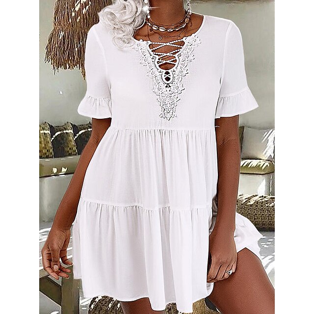  Women's Casual Dress Plain Lace Dress Summer Dress V Neck Lace Cut Out Mini Dress Outdoor Daily Active Fashion Regular Fit Short Sleeve White Summer Spring S M L XL XXL