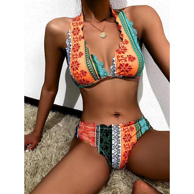  Women's Swimwear Bikini Normal Swimsuit Graphic 2 Piece Printing Orange Bathing Suits Beach Wear Summer Sports