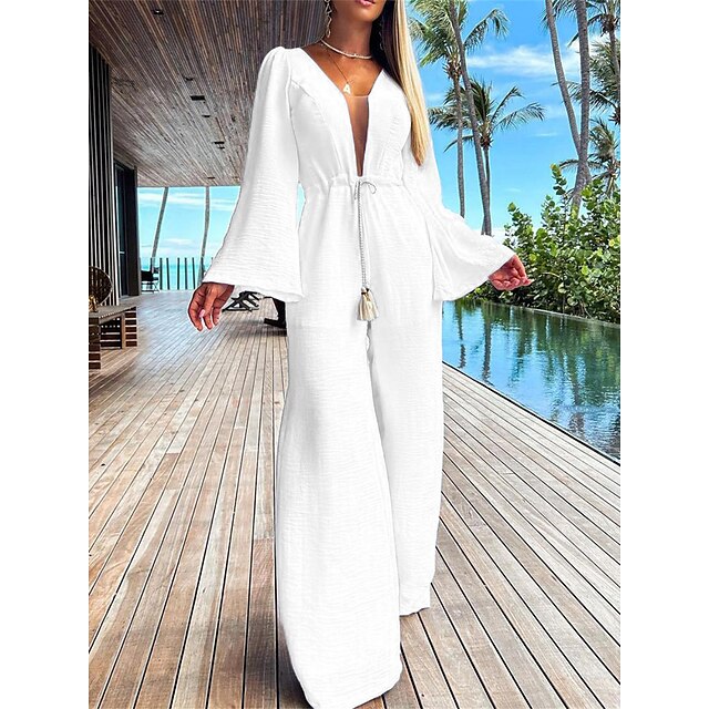  Women's Jumpsuit Solid Color Drawstring Holiday V Neck Street Holiday Long Sleeve Regular Fit White S M L Summer