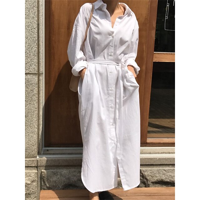  Women's Shirt Dress Casual Dress Shift Dress Outdoor Daily Date Maxi long Dress Basic Casual Cotton Lace up Button Shirt Collar Summer Spring Fall Long Sleeve Loose Fit 2023 White Pure Color S M L XL