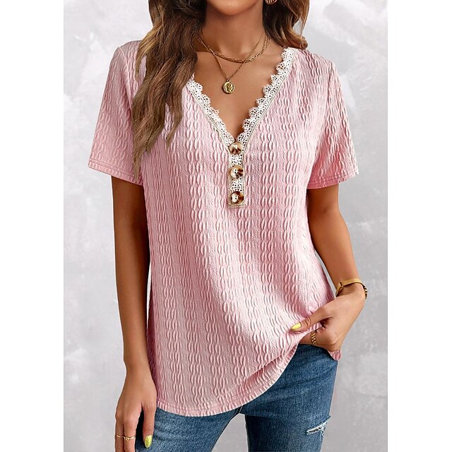  Women's T shirt Tee Pink Button Lace Trims Plain Daily Weekend Short Sleeve V Neck Basic Regular S