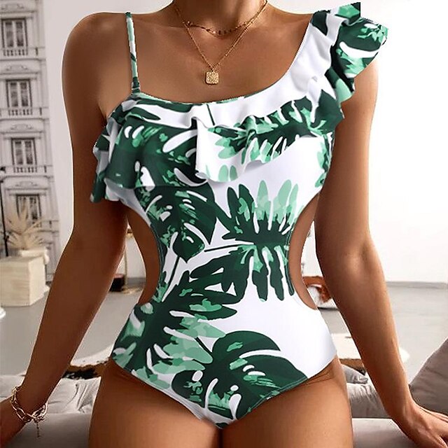  Women's Swimwear One Piece Normal Swimsuit Leaf Ruffle Cut Out Black Green Bodysuit Bathing Suits Beach Wear Summer Sports