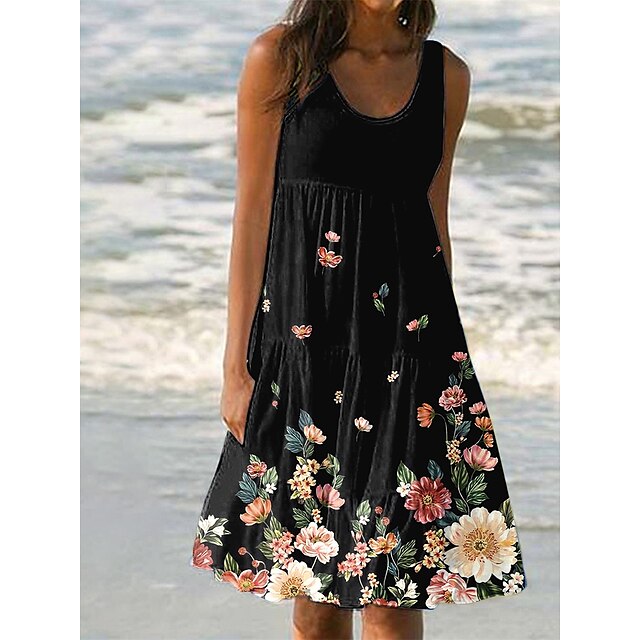  Elegant Floral U Neck Beach Dress for Women