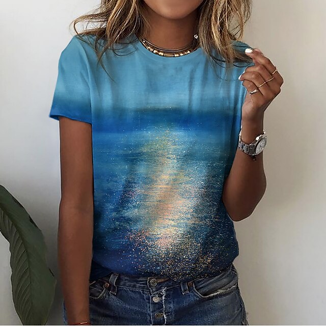  Femme T shirt Tee Rose Claire Bleu Vert Imprimer Océan Vacances Fin de semaine Manche Courte Col Rond basique Normal Abstrait Peinture S