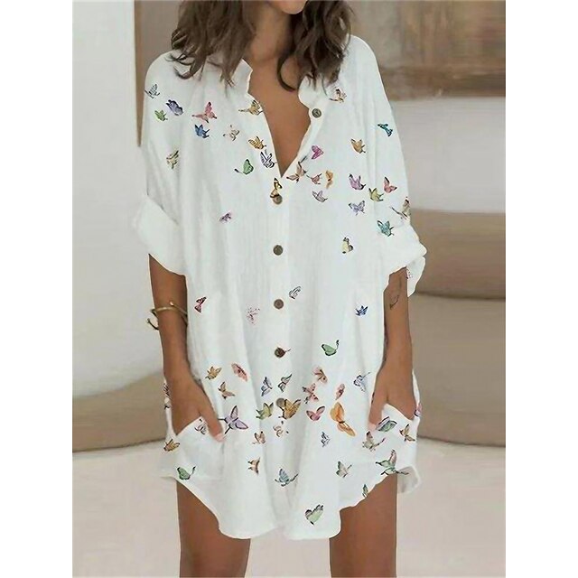  Women's Shirt Dress Casual Dress Shift Dress Daily Vacation Mini Dress Fashion Casual Polyester Button Pocket V Neck Summer Spring Fall Half Sleeve Loose Fit 2023 White Butterfly S M L XL 2XL