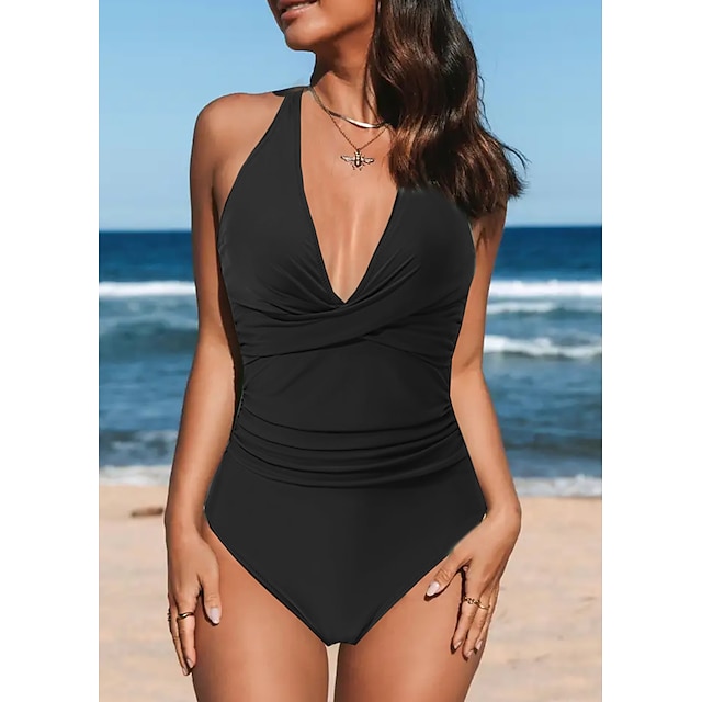  Women's Swimwear One Piece Normal Swimsuit Solid Color Ruched Black Pink Army Green Blue Orange Bodysuit Bathing Suits Beach Wear Summer Sports