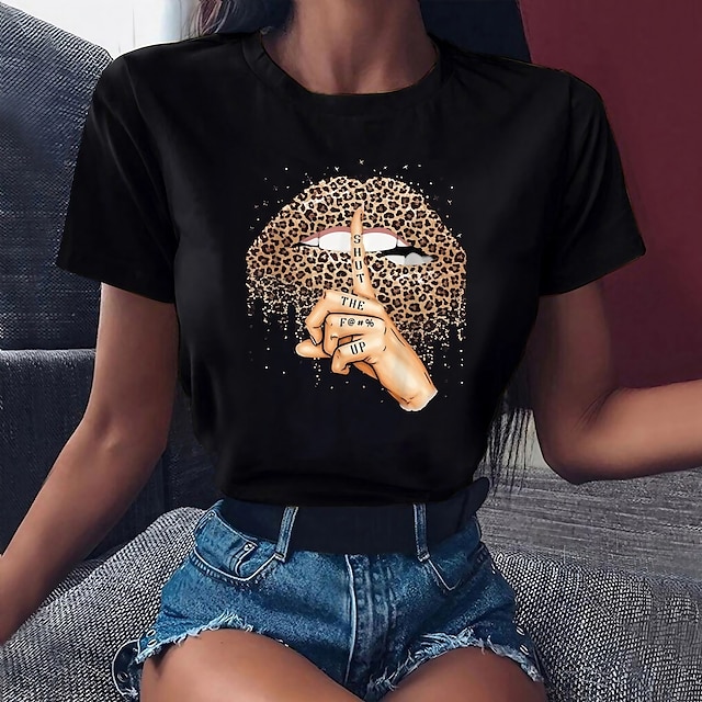  Dame T-shirt 100 % bomuld Leopard Læbe Sort Hvid Lyserød Trykt mønster Kortærmet Daglig Weekend Basale Rund hals Regulær