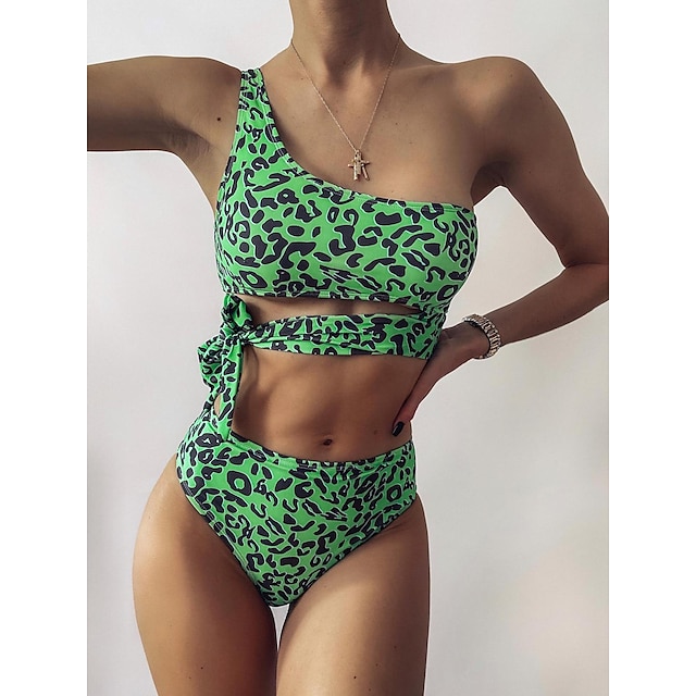  Mulheres Roupa de Banho Biquíni Normal roupa de banho Leopardo Cordões 2 Peças Estampado Verde Fatos de banho Roupa de Praia Verão Esportivo