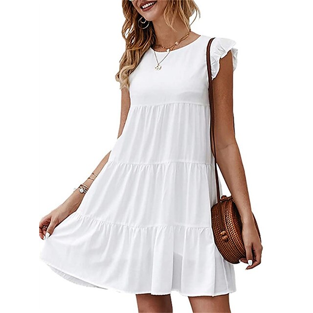  Women's Casual Dress Plain Swing Dress Loose Dress Crew Neck Pleated Ruffle Mini Dress Daily Holiday Active Classic Regular Fit Sleeveless claret White Red Summer Spring S M L XL 2XL