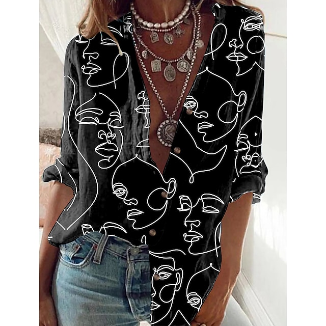  Women's Shirt Blouse Black White Button Print Abstract Portrait Casual Daily Long Sleeve Standing Collar Basic Long Portrait S