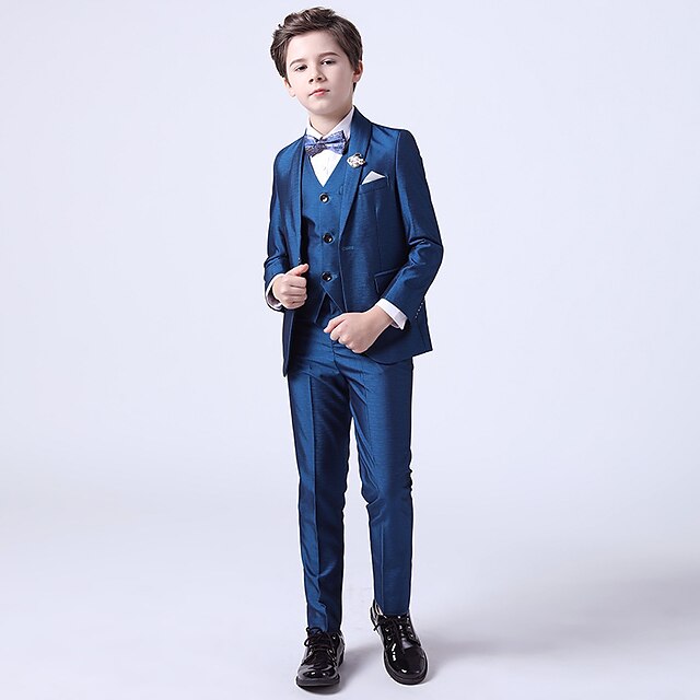  Kids Boys Suit & Blazer Formal Set Long Sleeve 3 Pieces Blue Bow Solid Color Party Cotton Regular Cool Gentle 3-13 Years / Spring / Fall