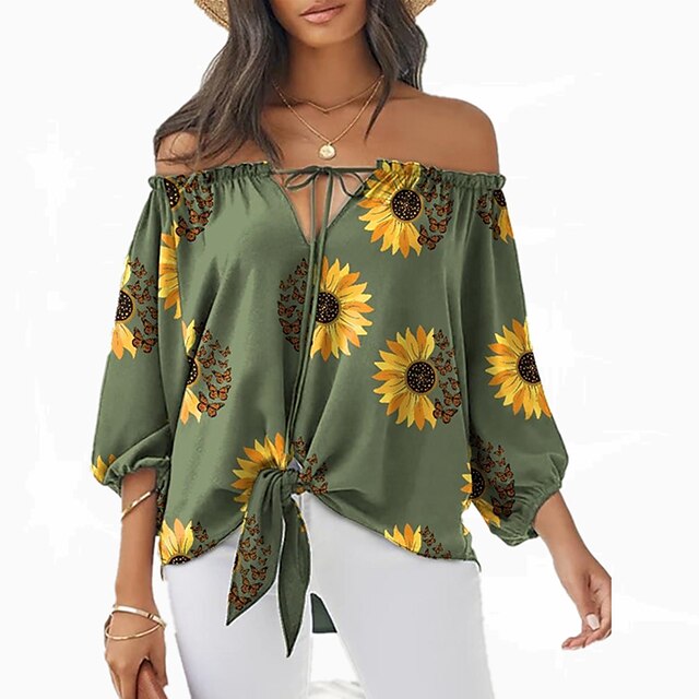  Women's Shirt Blouse Black White Army Green Lace up Print Sunflower Feather Casual Holiday Long Sleeve Off Shoulder Basic Regular Floral Lantern Sleeve S