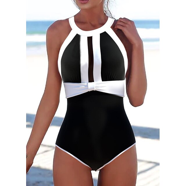  Women's Swimwear One Piece Normal Swimsuit Tummy Control Cut Out Printing Color Block Black Bodysuit High Neck Bathing Suits Sports Beach Wear Summer