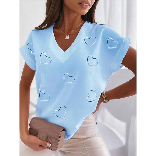  Damen T Shirt Bluse Herz Bedruckt Casual Basic Dolman-Ärmel Kurzarm V Ausschnitt Weiß