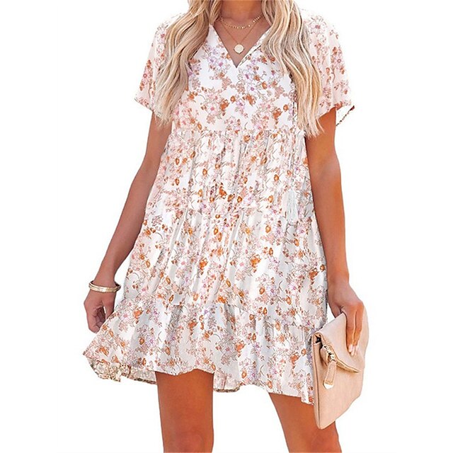  Women's Casual Dress Floral Swing Dress Skater Dress V Neck Pleated Print Mini Dress Daily Date Classic Modern Loose Fit Short Sleeve White Red Blue Summer Spring S M L XL